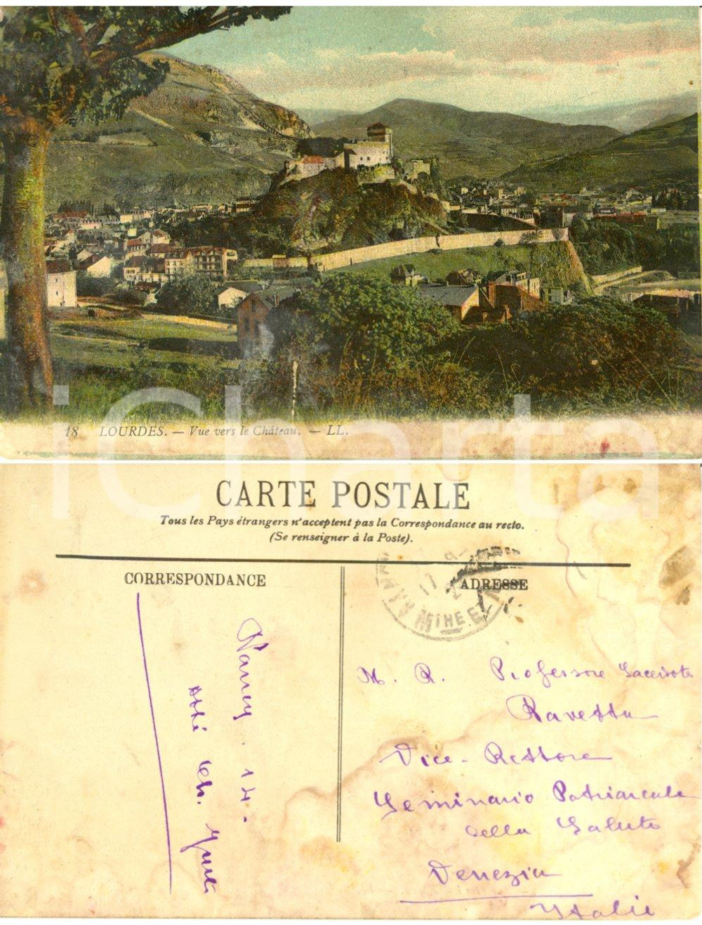 Autografo originale 1909 LOURDES Vue vers le chÃ¢teau AbbÃ© Charles JUSTE GRAVEMENTE DANNEGGIATA 1