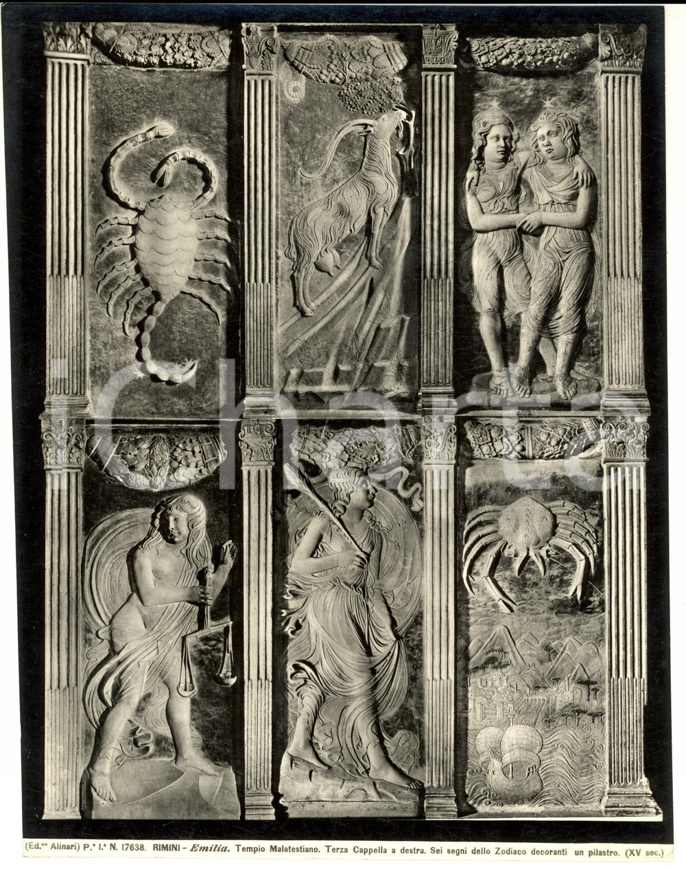 Fotografia d'epoca originale 1930 ca RIMINI Tempio MALATESTIANO Segni dello Zodiaco su un pilastro *ALINARI 1
