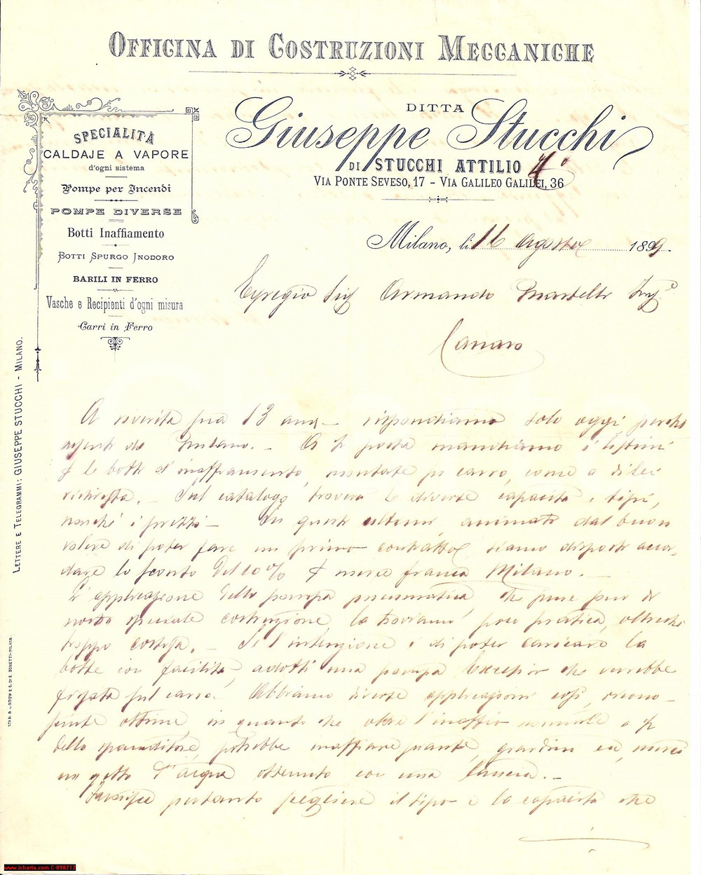 Manoscritto, lettera originale 1899 MILANO Via Ponte Seveso 17 Ditta Giuseppe Stucchi Botti di innaffiamento 1