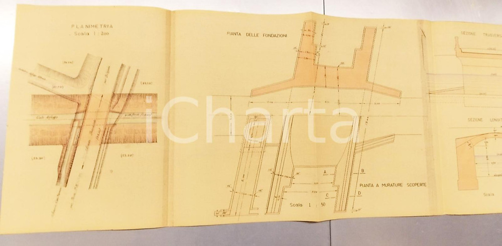 Mappa, planimetria storica 1940 ca BRONI Derivazione OLONETTA nel colatore ARFUGO *Pianta delle fondazioni 1