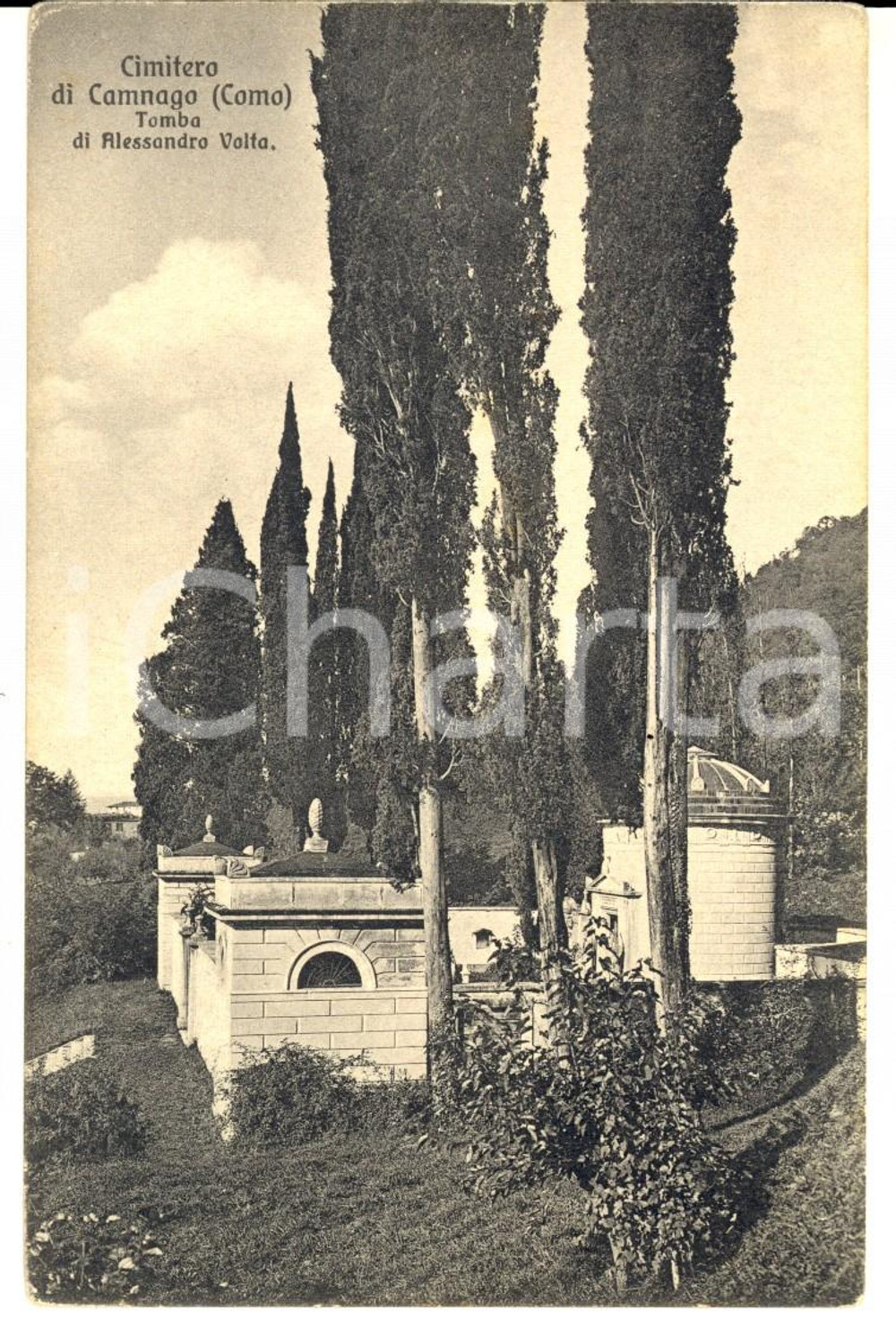 Cartolina originale da collezione 1915 ca CAMNAGO CO Cimitero con la tomba di Alessandro VOLTA Cartolina FP NV 1