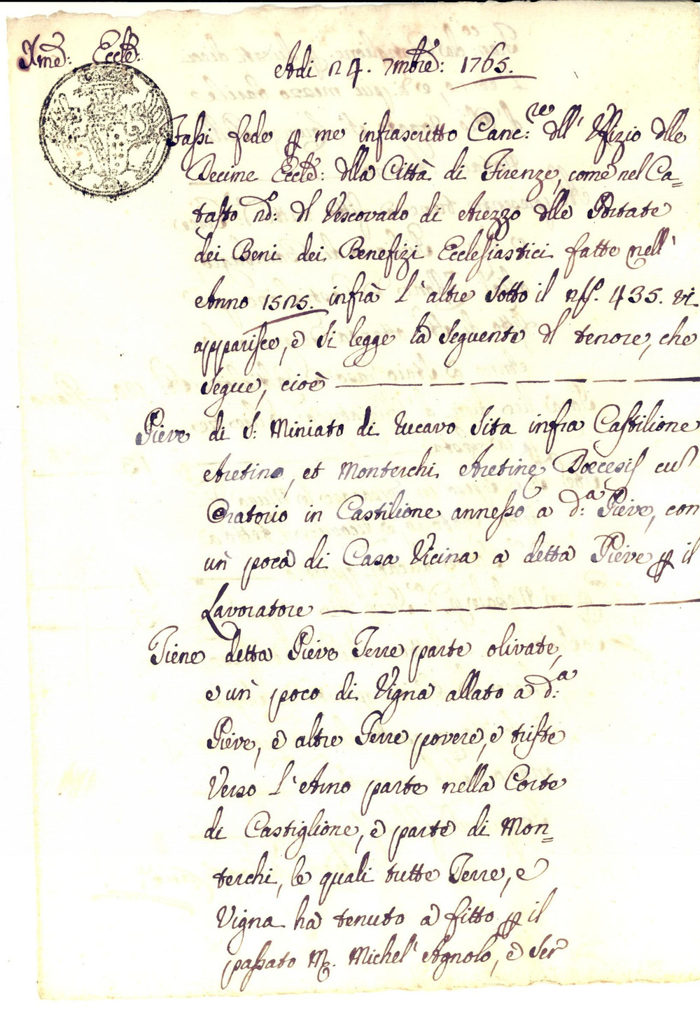 Documento originale, autentico 1765 RUCAVO AR Patrimonio pieve SAN MARTINO affittato a Giuliano di BAMBAGIO 1