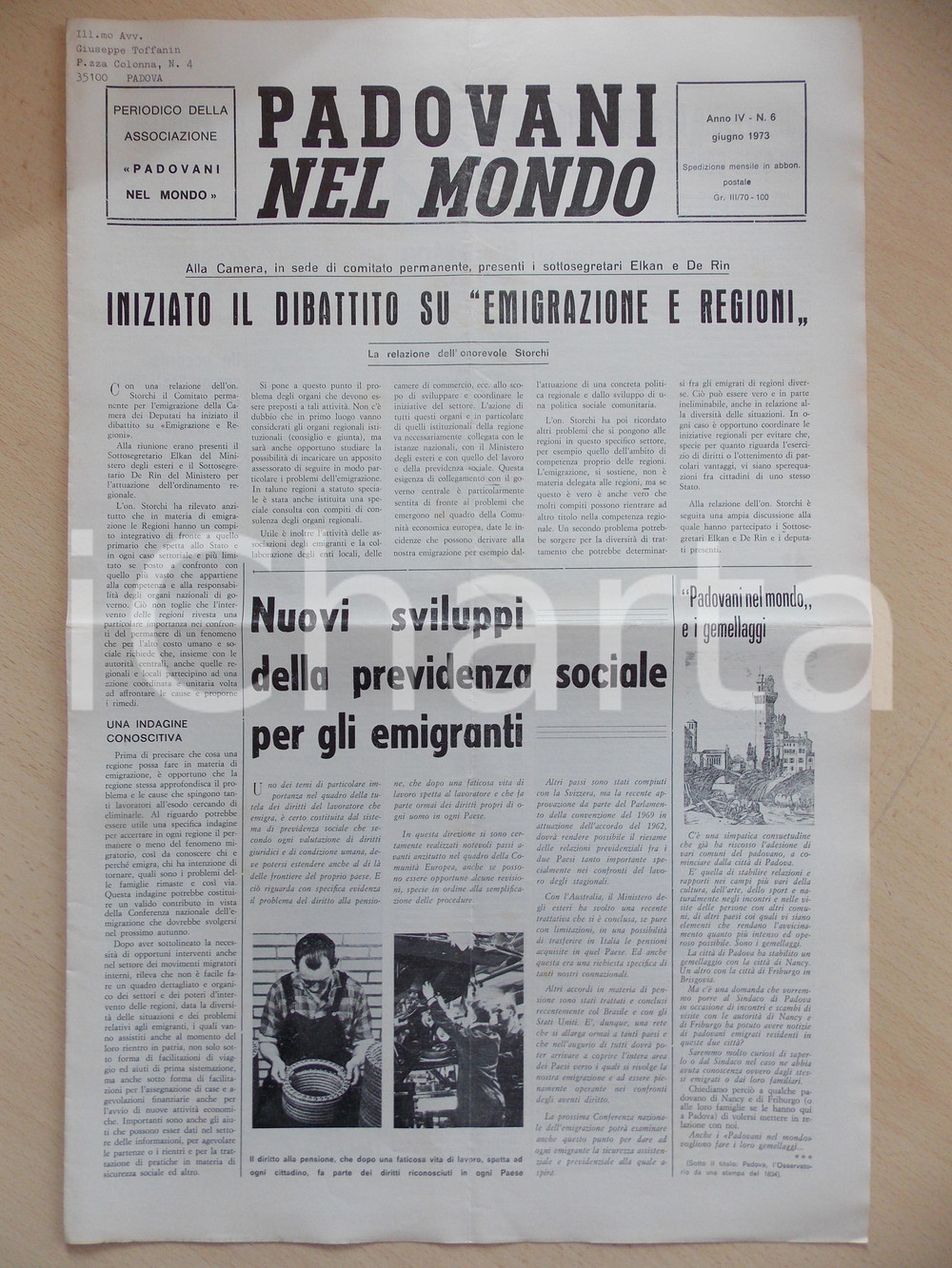 Giornale, rivista storica 1973 PADOVANI NEL MONDO Previdenza sociale per gli emigrati Periodico n.6 1