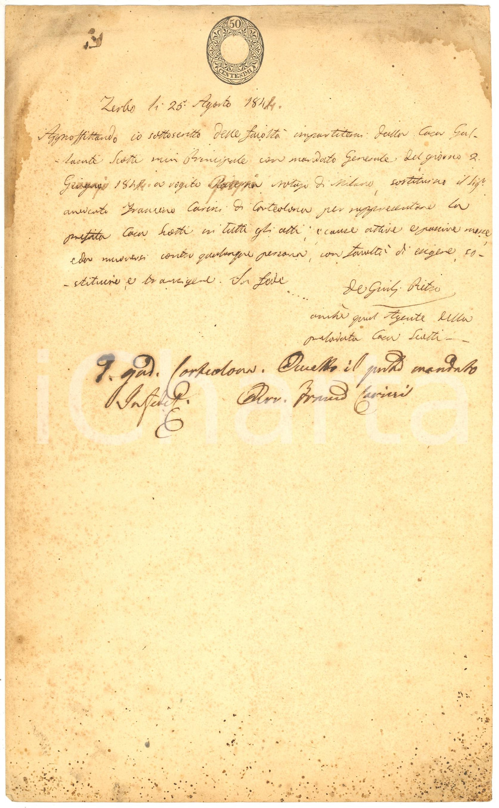 Documento originale, autentico 1844 ZERBO (PV) Pietro DE GIULI nuovo procuratore casa GALLARATI SCOTTI 1