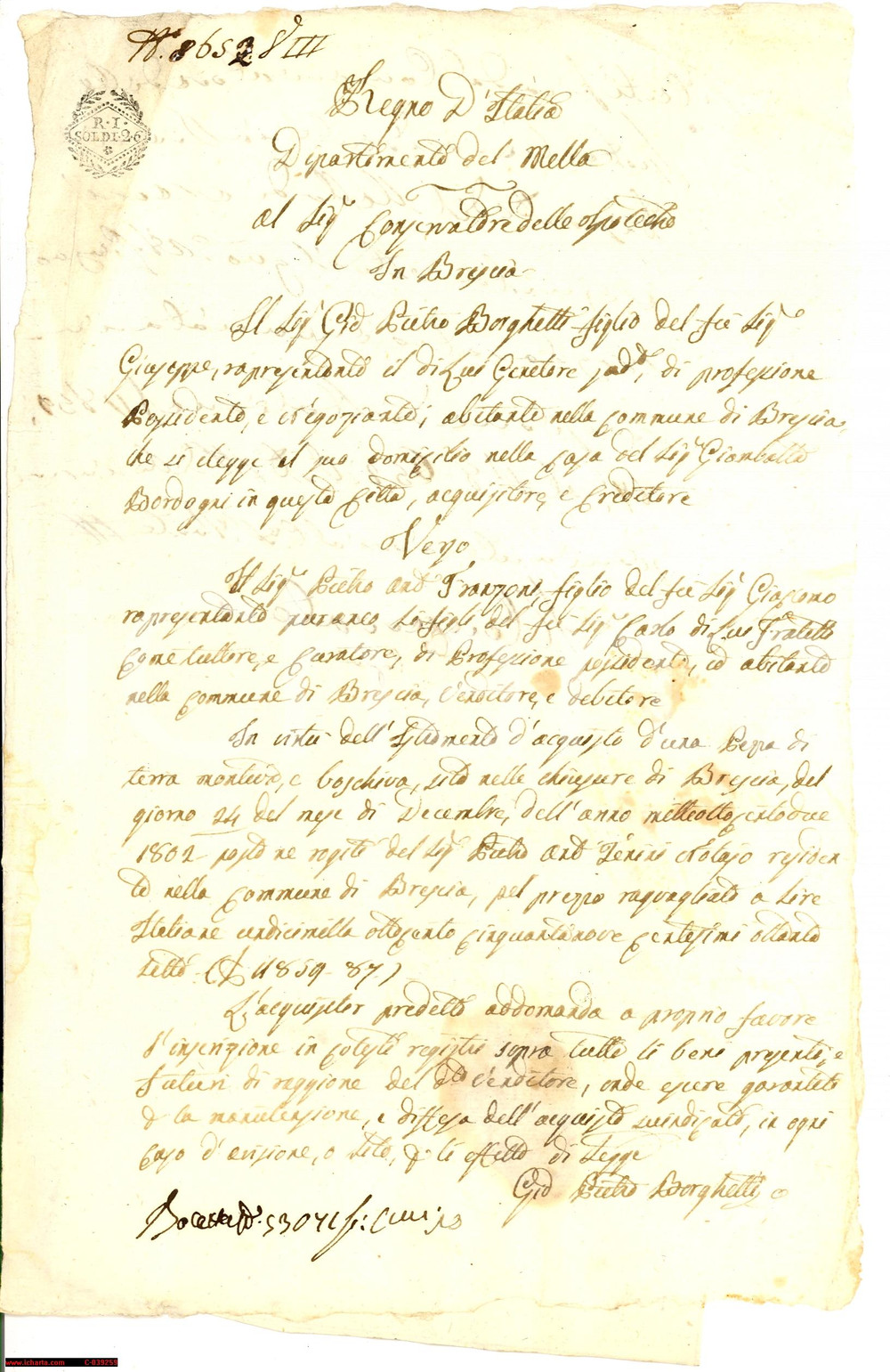 Documento originale, autentico 1802 BRESCIA Borghetti acquista terra montiva boschiva 1