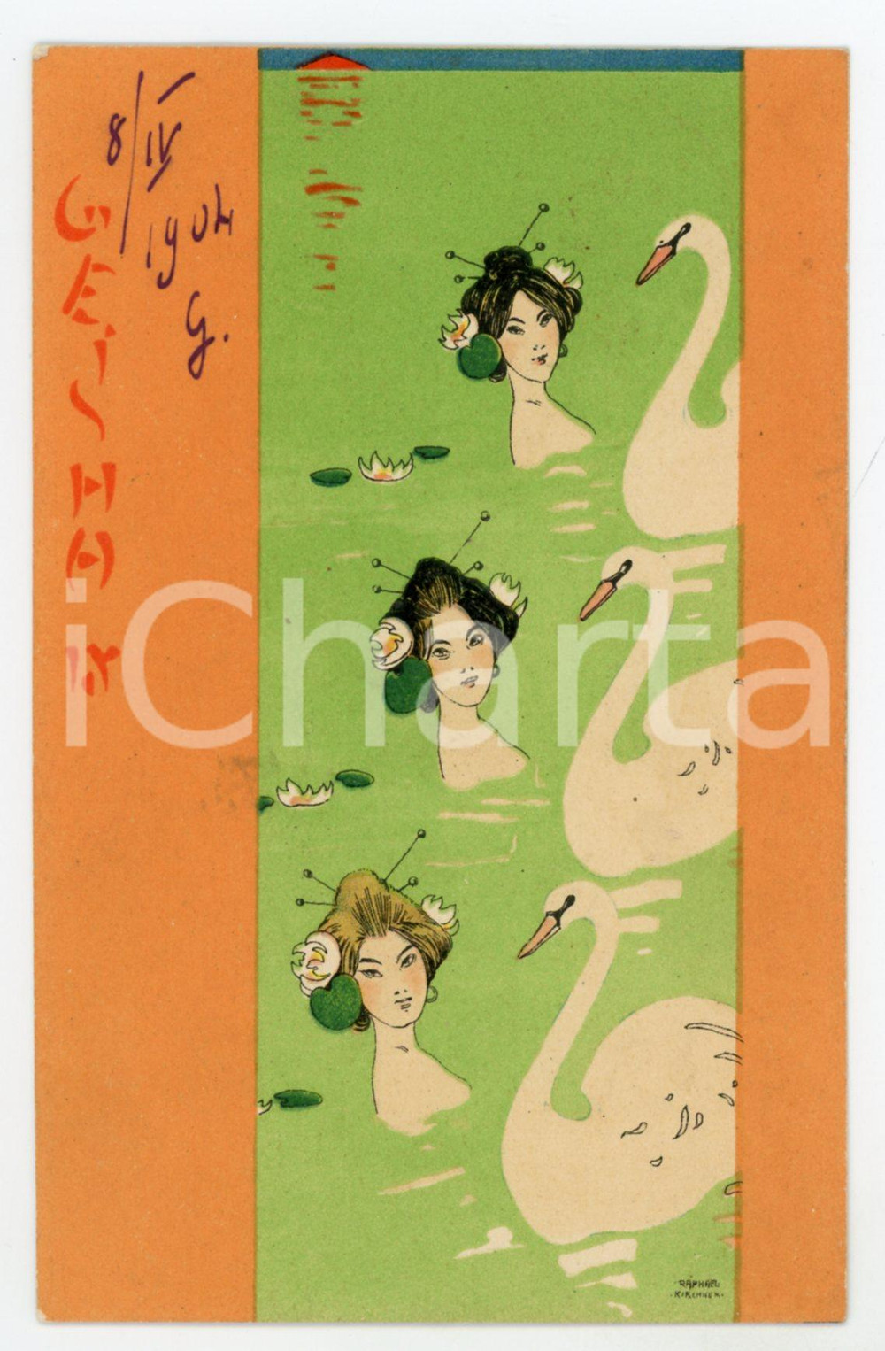 1904 ART NOUVEAU Raphael KIRCHNER - Geisha - IX - Three women *Postcard orange  Cartolina postale d'epoca, opera dell'artista e illustratore Raphael Kirchner, viaggiata.CONDIZIONI: G (minime smussature angolari)FORMATO: FP    originale e autentica 1