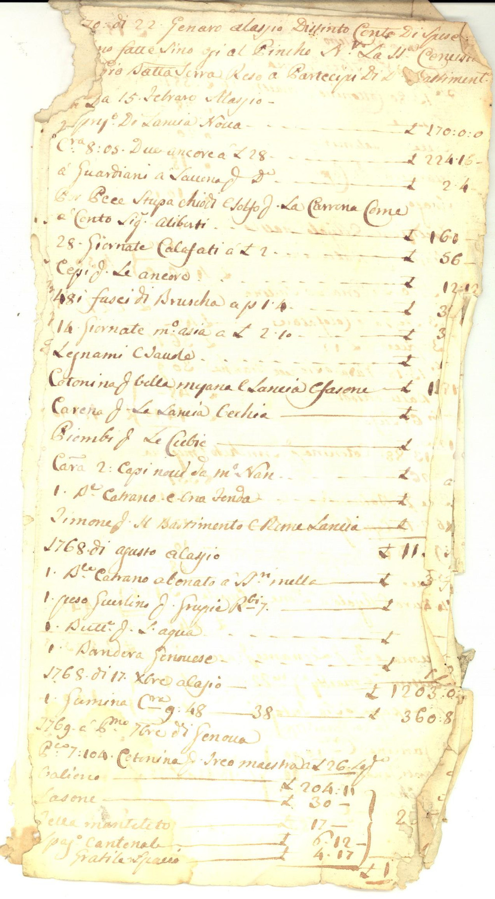 Documento originale, autentico 1770 ALASSIO SV Conto spese del bastimento per BONFANTE Manoscritto RARO 1