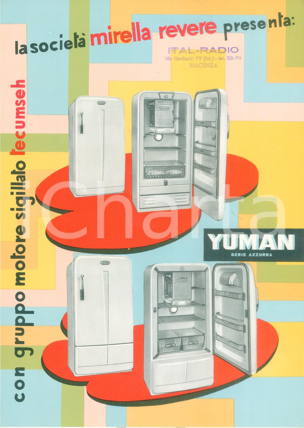 Materiale pubblicitario d’epoca 1955 ca YUMAN Frigoriferi serie azzurra Compressore TECUMSEH Volantino 1