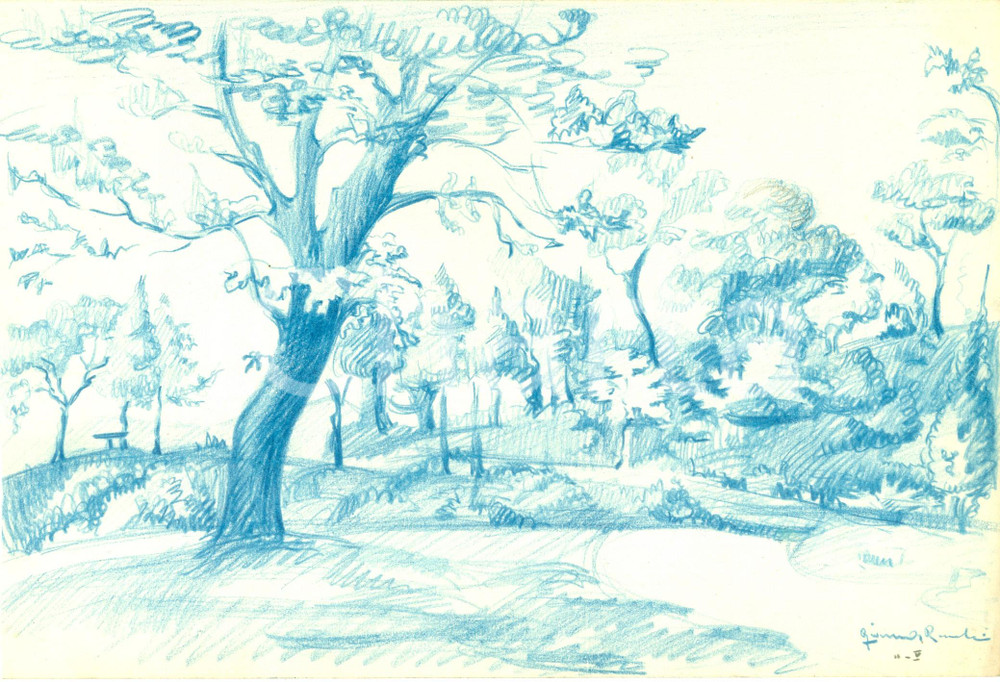 Stampa, bozzetto originale 1970 ca Disegno originale GIANNA RONCHI Paesaggio studio Autografo 1