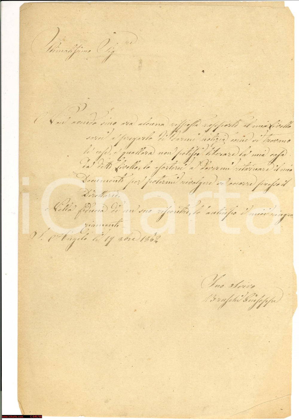 Manoscritto, lettera originale 1862 S. ANGELO LODIGIANO Livello di Giuseppe BRUSCHI 1