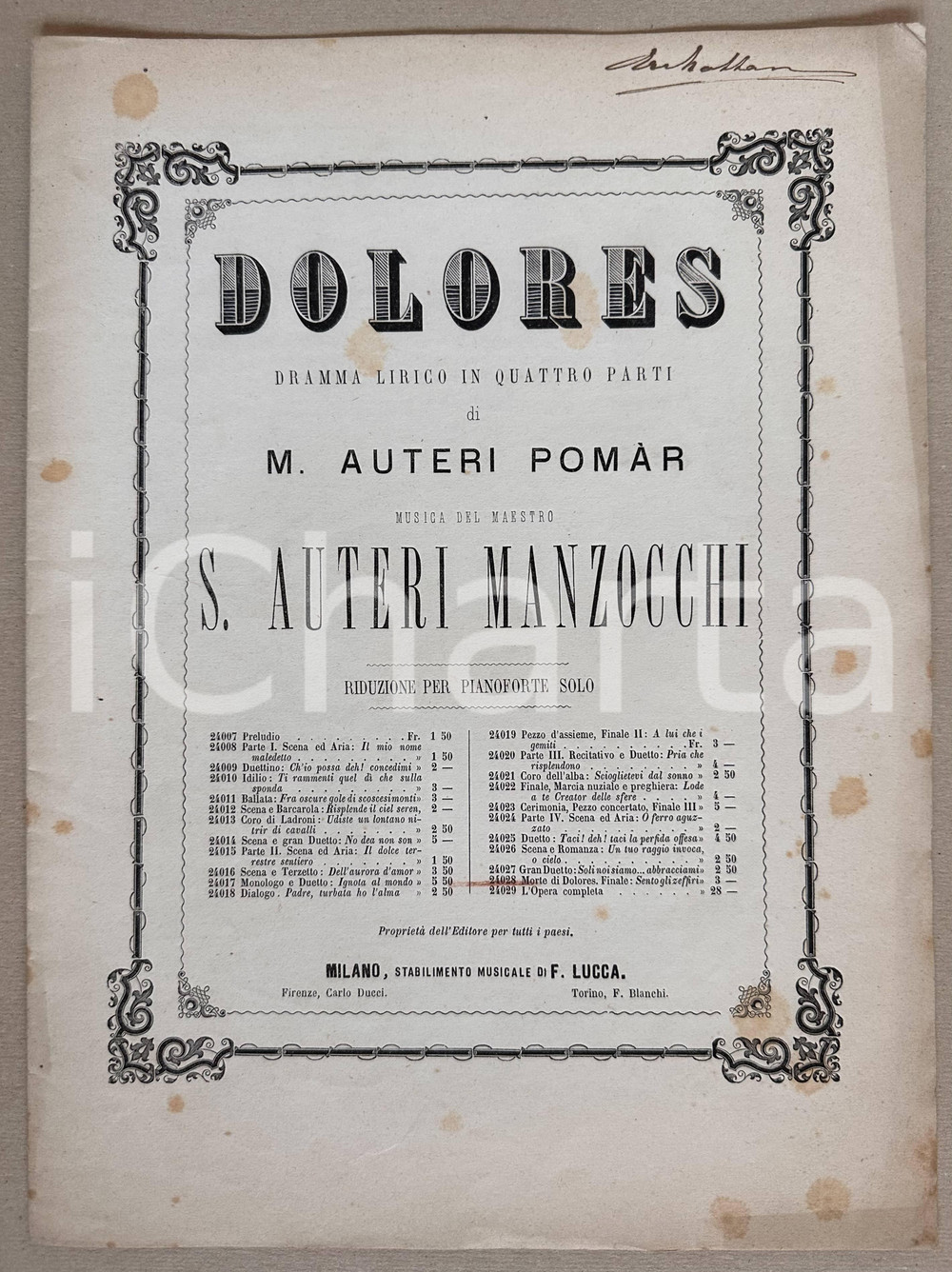Oggetto da collezione cartaceo 1875 ca S. AUTERI MANZOCCHI 'Morte Dolores' riduzione 'Dolores' M. AUTERI POMAR 1