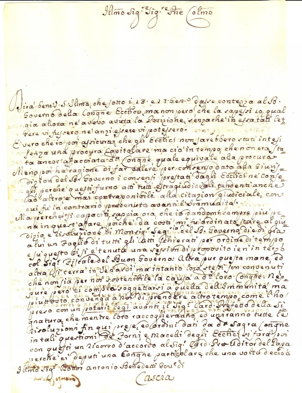 Manoscritto, lettera originale 1781 ROMA Lorenzo CORINTI su causa in materia di forni e macelli ecclesiastici 1