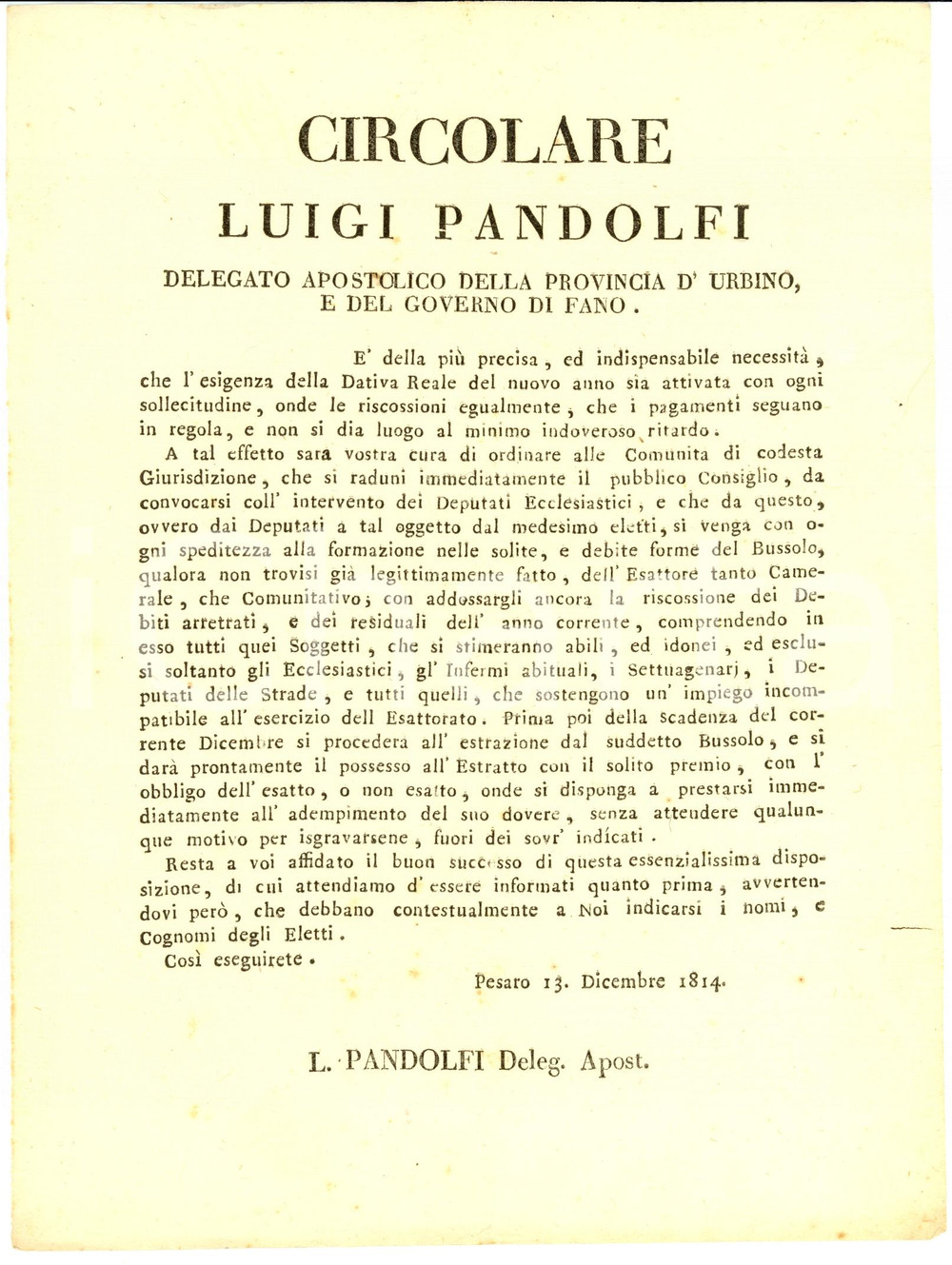 Documento originale, autentico 1814 PESARO Estrazione a sorte con bussolo per DATIVA REALE 1