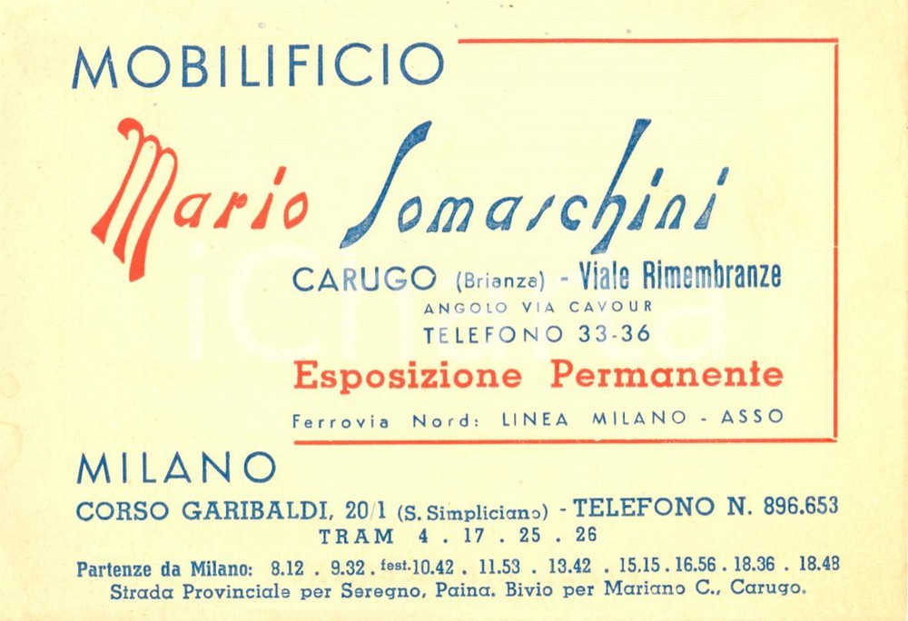 Materiale pubblicitario d’epoca 1950 ca CARUGO CO Mario SOMASCHINI Esposizione permanente mobili  PubblicitÃ  1