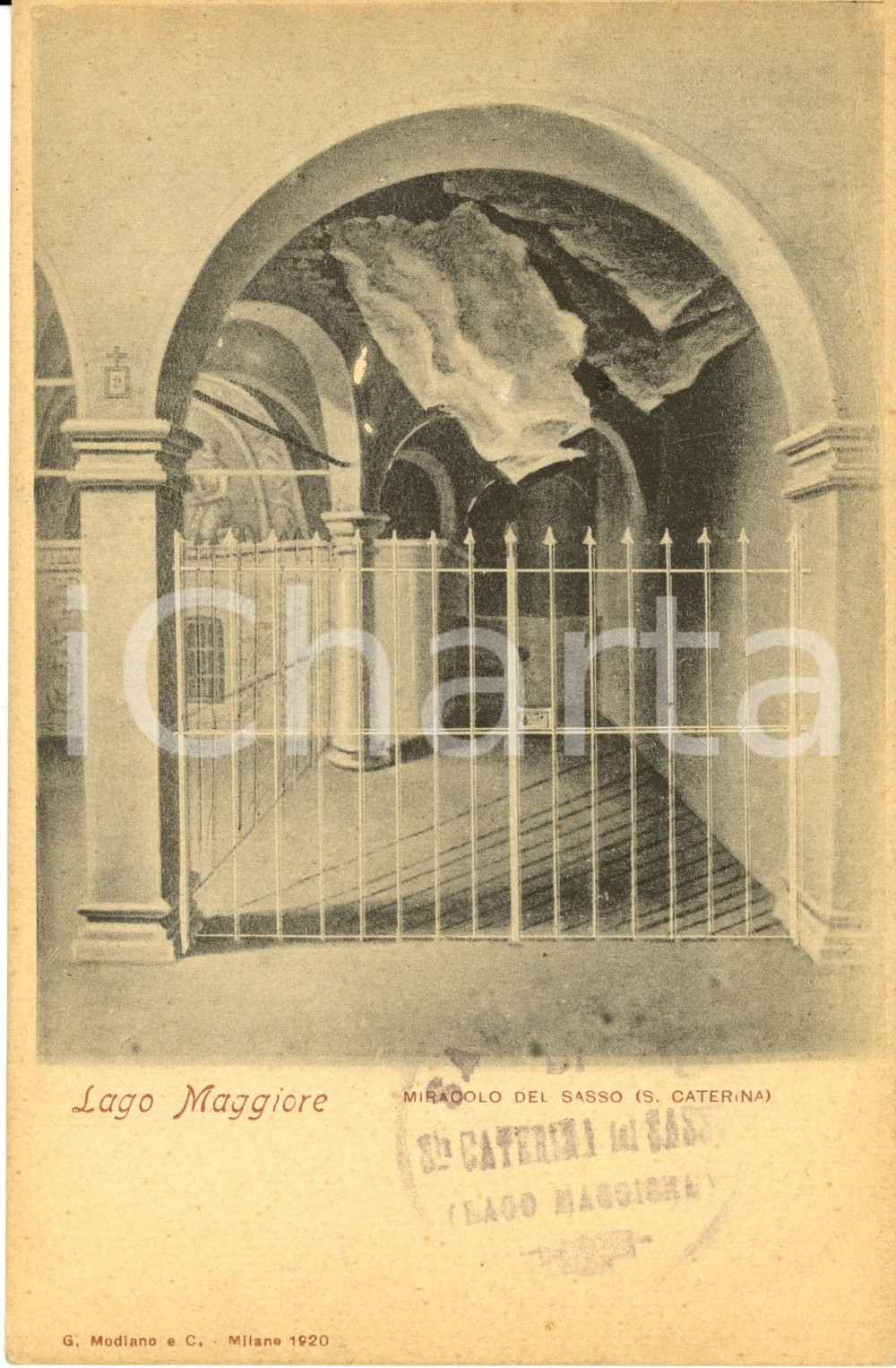 Cartolina originale da collezione 1925 LEGGIUNO VA LAGO MAGGIORE Eremo SANTA CATERINA Miracolo del sasso FP VG 1