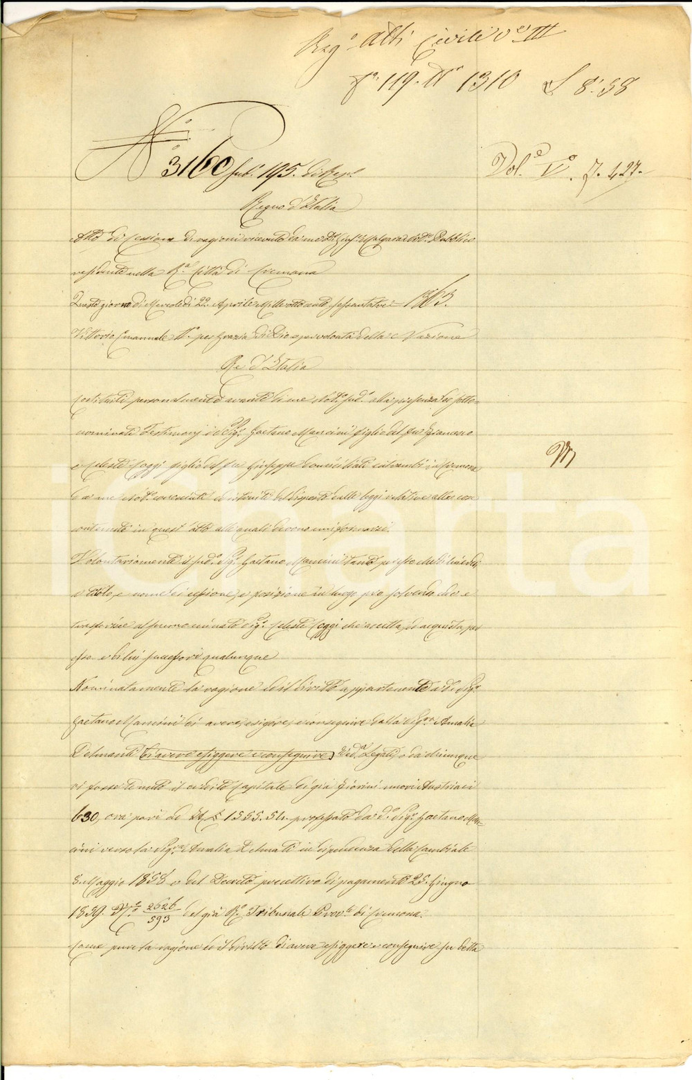 Documento originale, autentico 1863 CREMONA Atto di cessione di ragioni Gaetano MANCINI  Celeste COGGI 1
