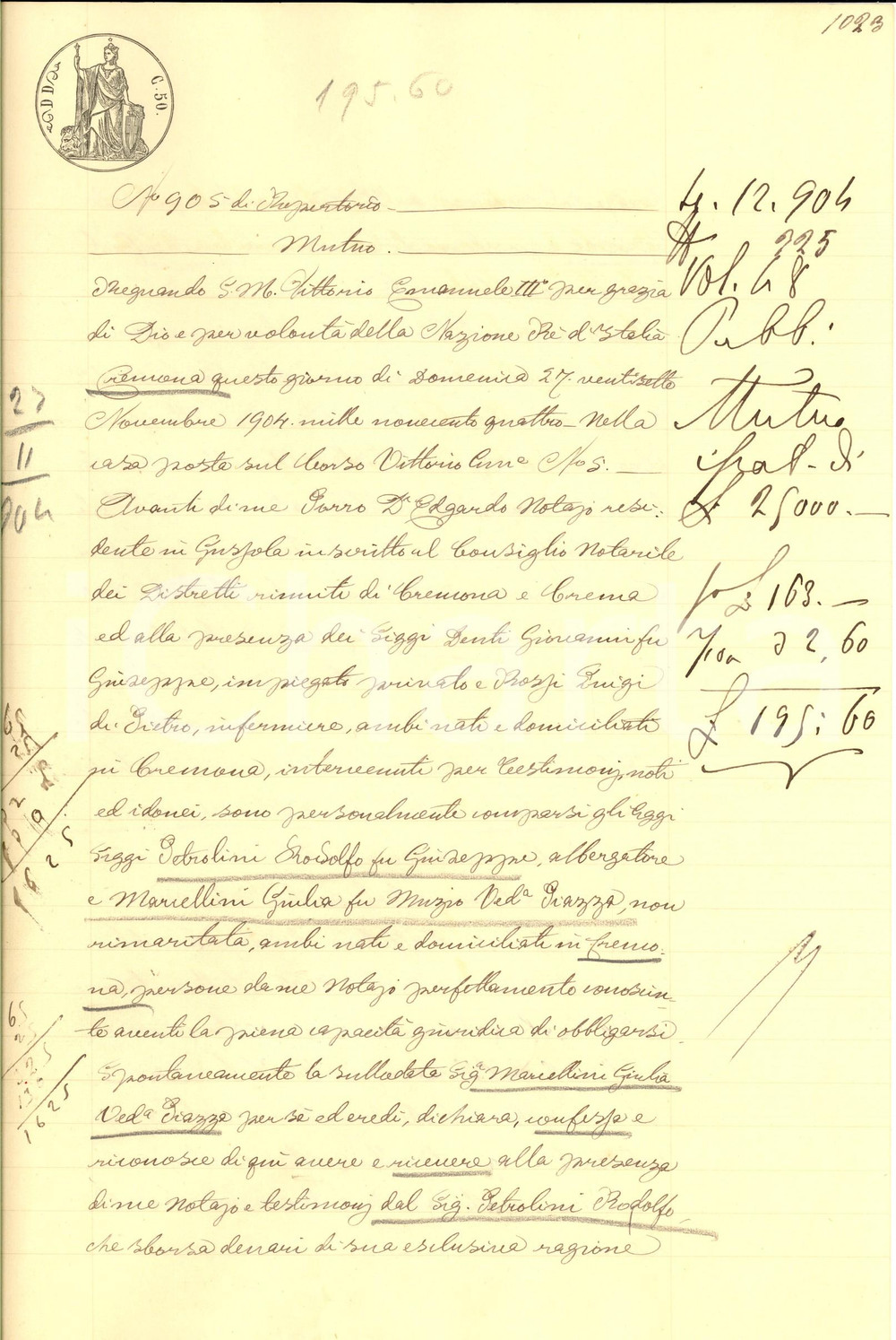 Documento originale, autentico 1904 CREMONA Prestito di Rodolfo PETROLINI a Giulia MARCELLINI Manoscritto 1