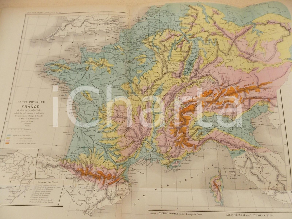 Stampa, bozzetto originale 1875 PARIS DUSSIEUX Atlas de gÃ©ographie Carte FRANCE physique 45x33 cm 1