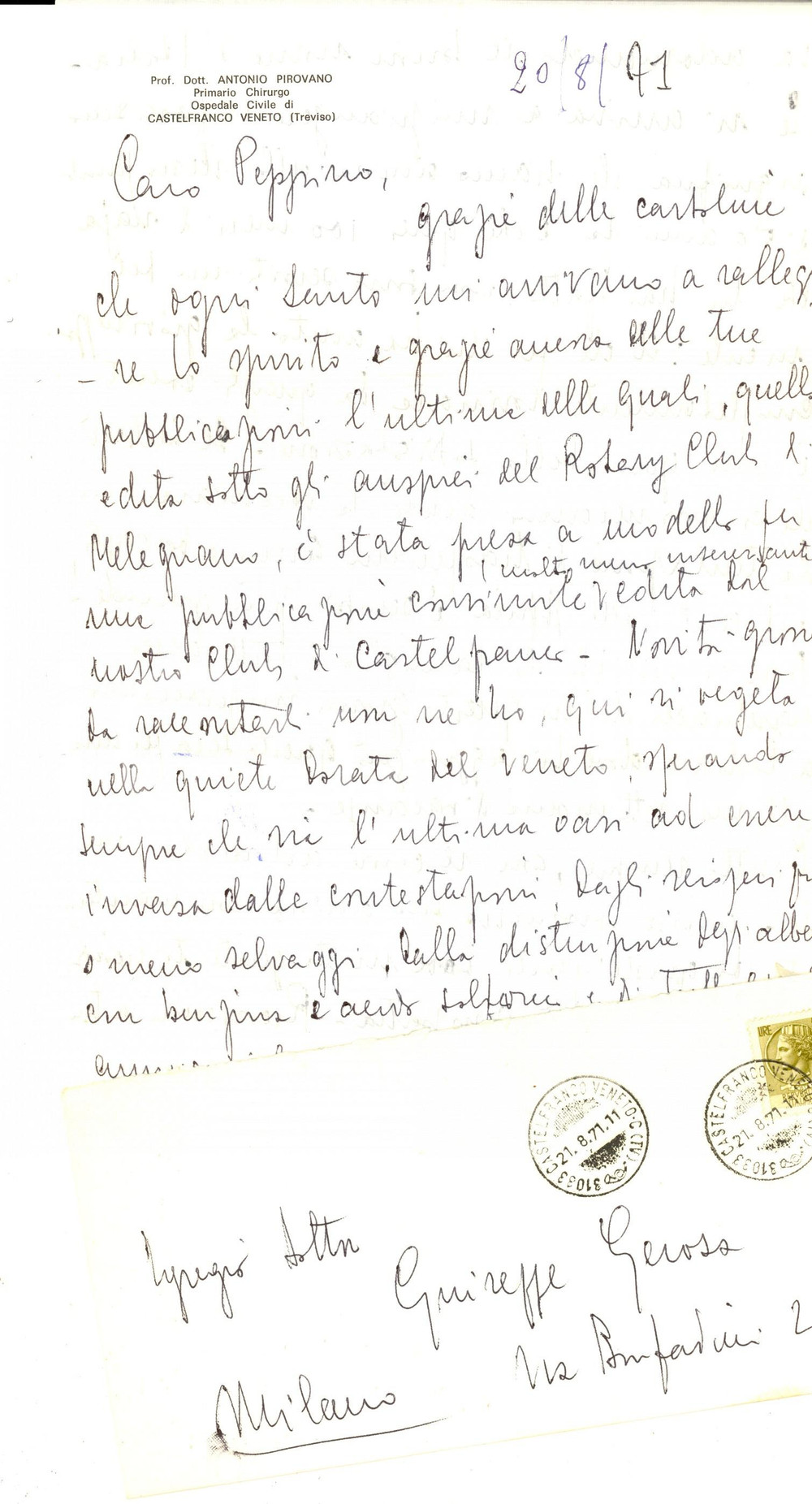 Manoscritto, lettera originale 1971 CASTELFRANCO VENETO  Lettera di ringraziamento prof. Antonio PIROVANO 1