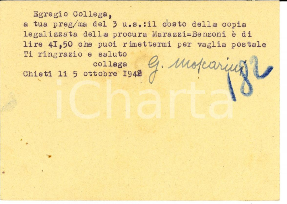 Autografo originale 1942 CHIETI Cartolina notaio Giuseppe MOSCARINI a Luigi FAZZINI *Autografo FG VG 1