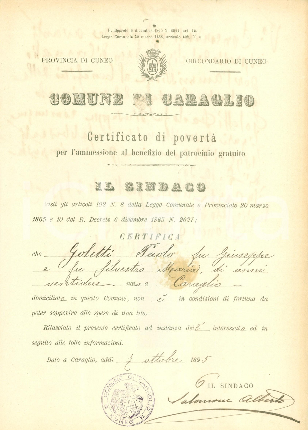Documento originale, autentico 1895 CARAGLIO CN Paolo GOLETTI versa in stato di povertÃ  Documento 1