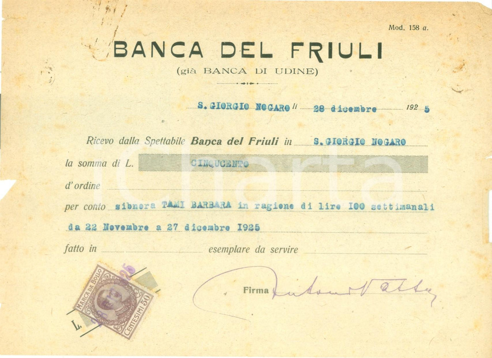 Documento originale, autentico 1925 SAN GIORGIO NOGARO UD Banca del FRIULI lettera di prelevamento 1