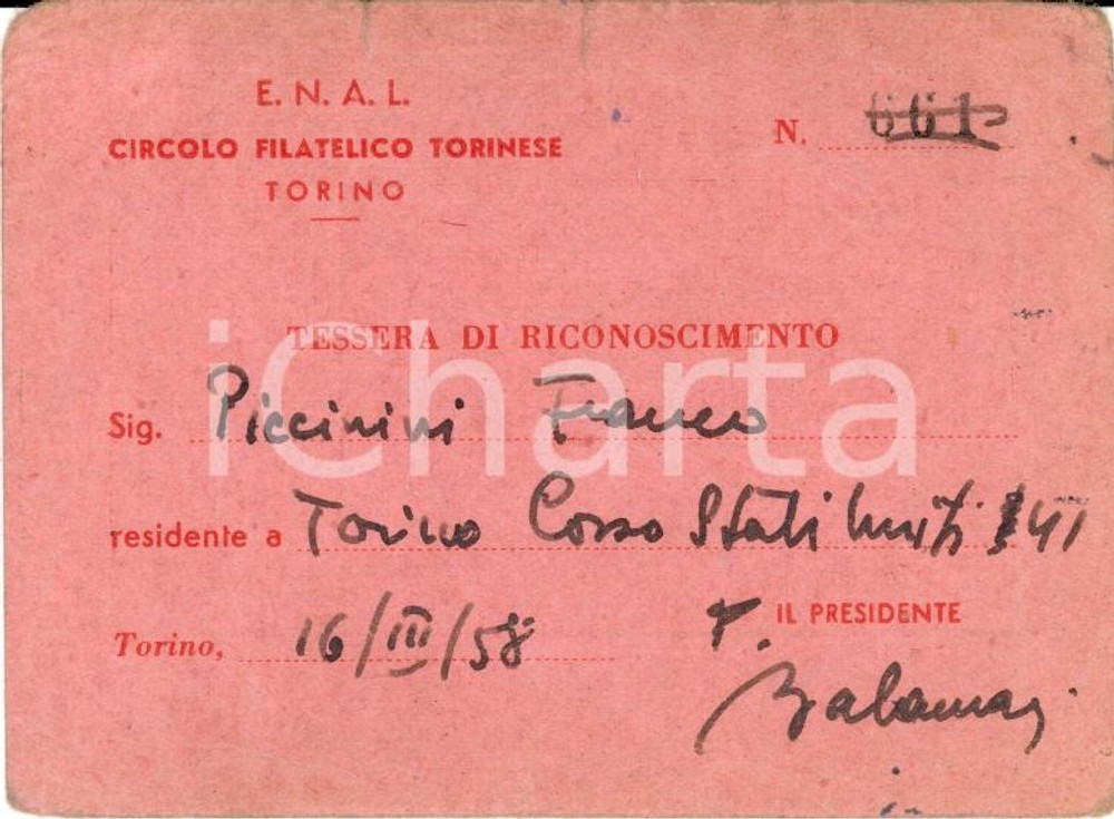Oggetto da collezione cartaceo 1958 TORINO Franco PICCININI Circolo filatelico E.N.A.L 1