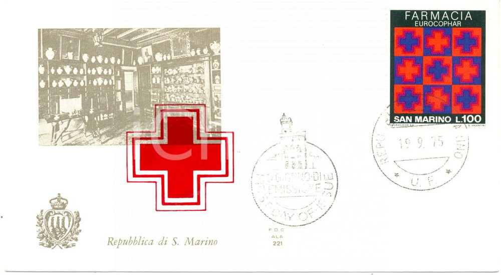 Materiale pubblicitario d’epoca 1975 REPUBBLICA SAN MARINO Farmacia EUROCOPHAR con annullo BUSTA PRIMO GIORNO 1