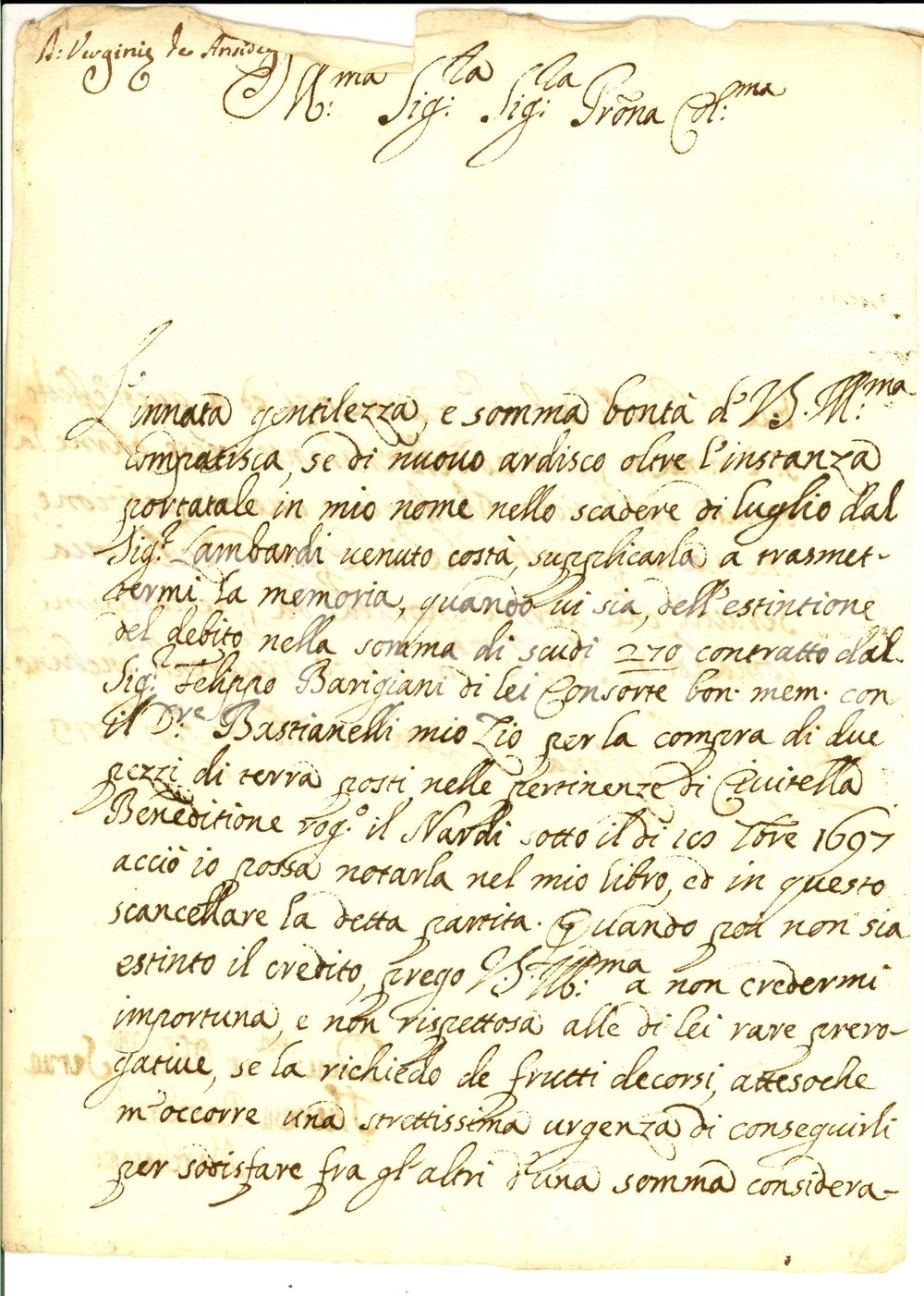 Manoscritto, lettera originale 1713 CITTA  DI CASTELLO PG Teresa BASTIANELLI MARCHESANI su estinzione debiti 1