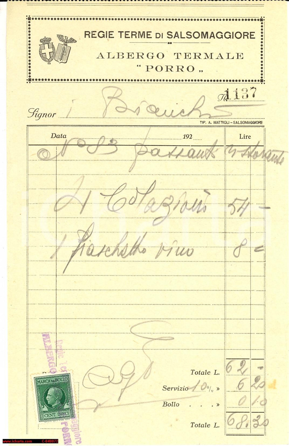 Documento originale, autentico 1930 ca SALSOMAGGIORE TERME PR Albergo termale PORRO Fattura 1