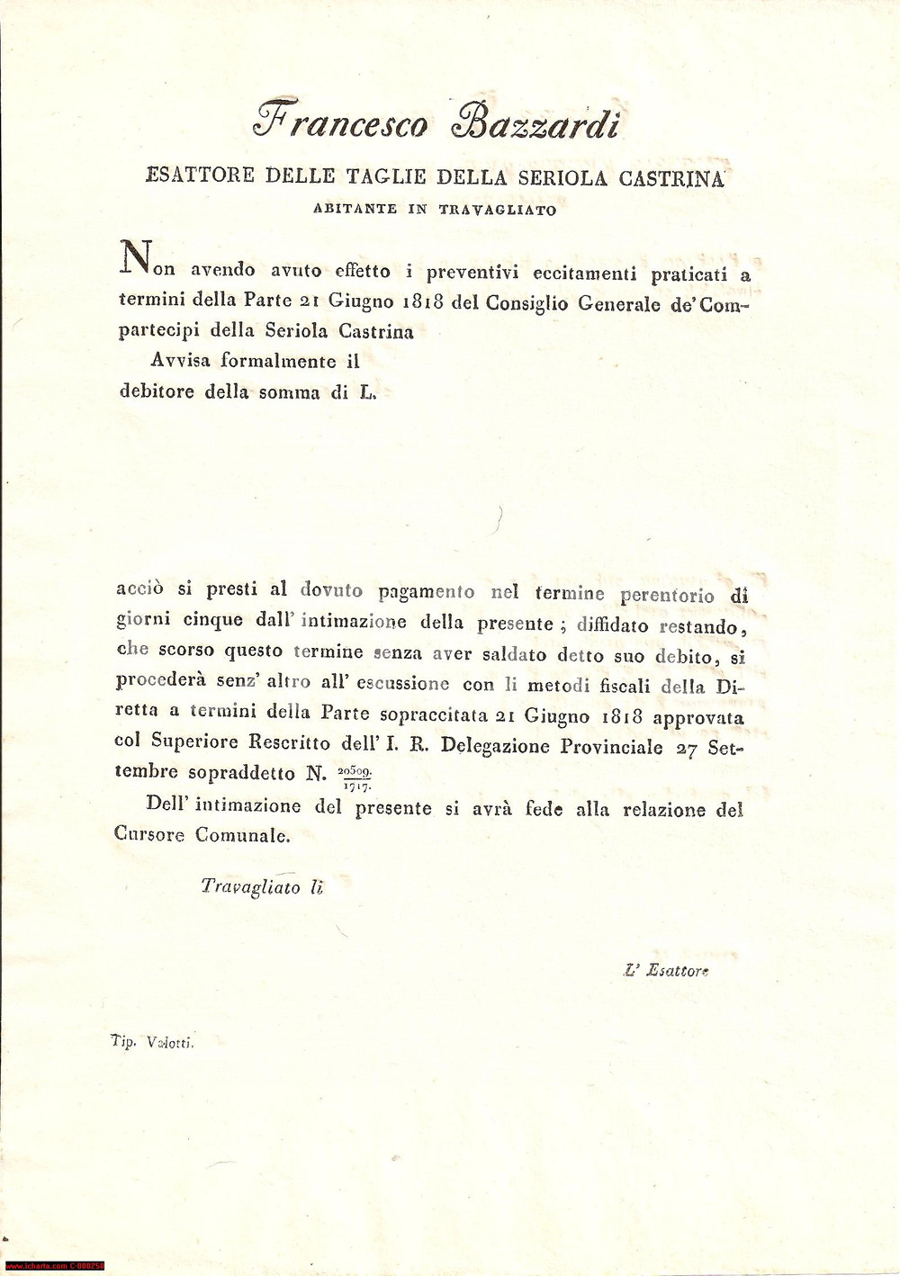 Documento originale, autentico 1820 TRAVAGLIATO BS Esattore taglie Francesco BAZZARDI 1
