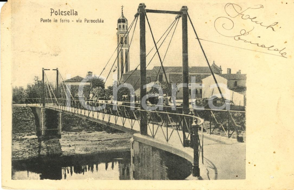 Cartolina originale da collezione 1905 POLESELLA (RO) Ponte in ferro e Via PARROCCHIA *Cartolina FP VG 1