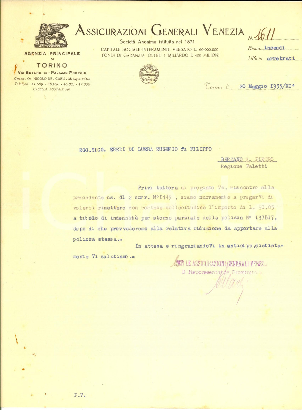 Documento originale, autentico 1933 TORINO ASSICURAZIONI GENERALI VENEZIA Lettera per storno polizza 1