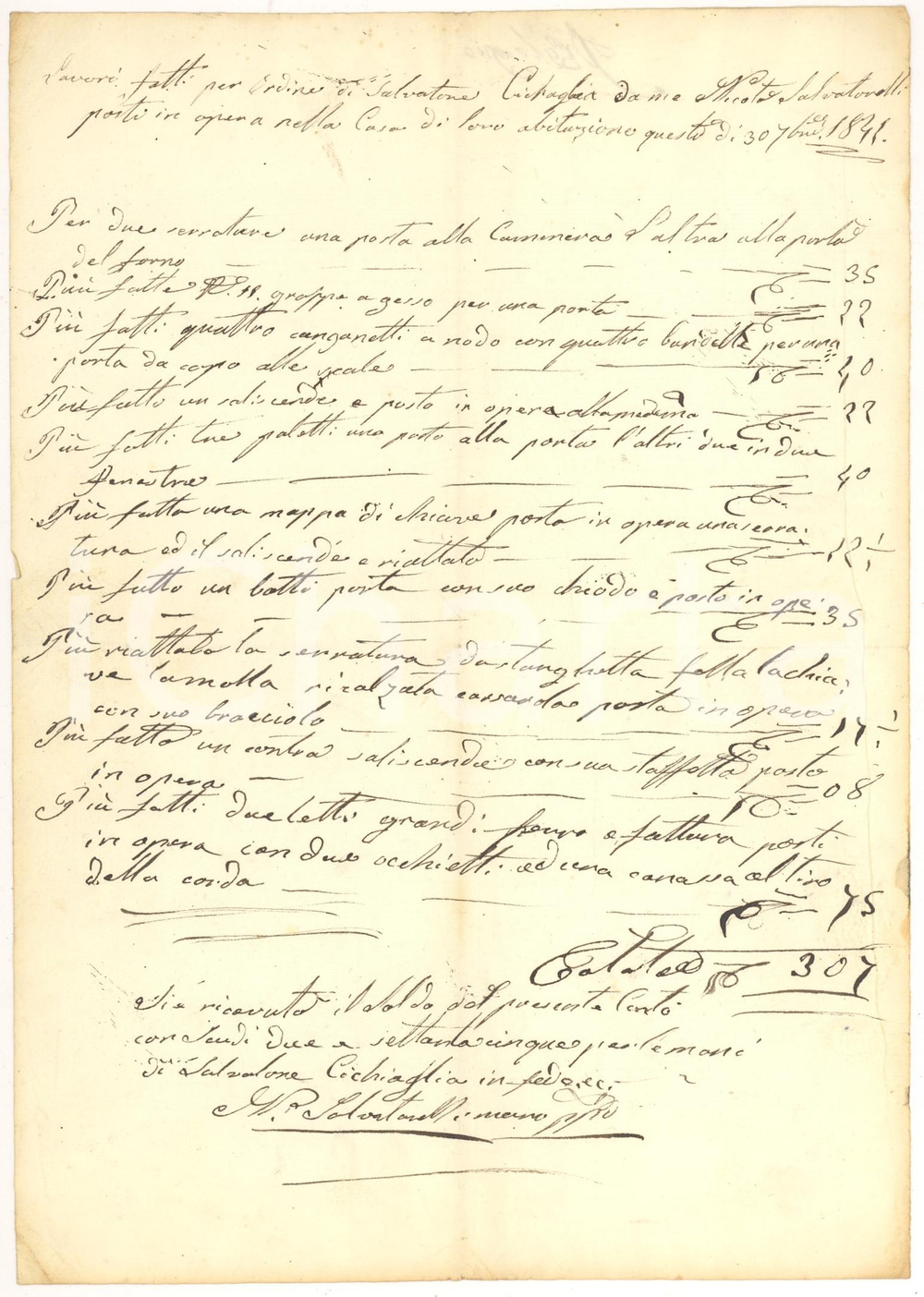 Documento originale, autentico 1844 SPOLETO PG Conto del fabbro Nicola SALVATORELLI per Salvatore CICAGLIA 1