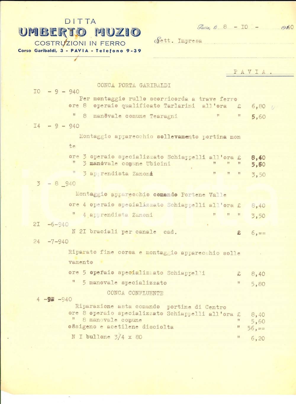 Documento originale, autentico 1940 PAVIA Ditta Umberto MUZIO Costruzioni in ferro Preventivo per montaggio 1