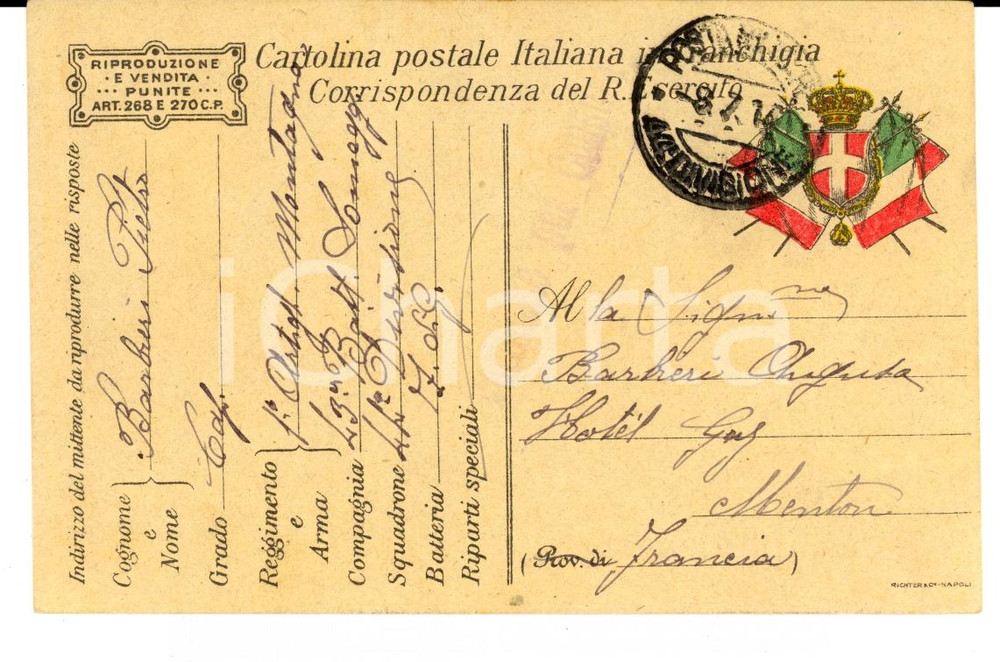 Documento originale, autentico 1917 WW1 ALPINI 1° Artiglieria MONTAGNA ZONA DI GUERRA Caporale Pietro BARBIERI 1