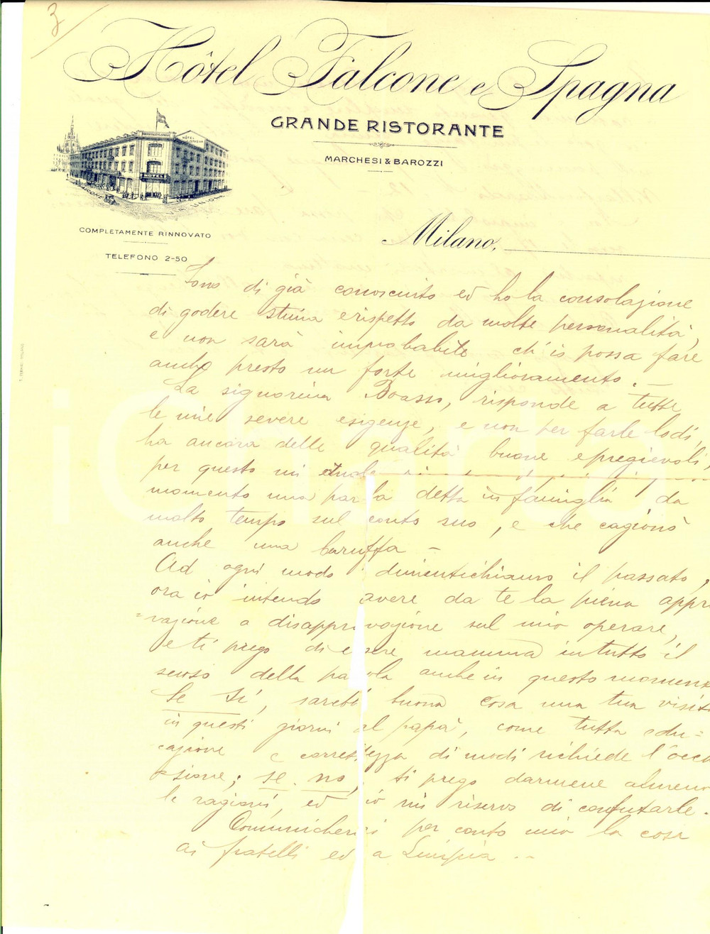 Manoscritto, lettera originale 1920 ca MILANO Lettera Delfino COMETTO Carta intestata Hotel FALCONE & SPAGNA 1