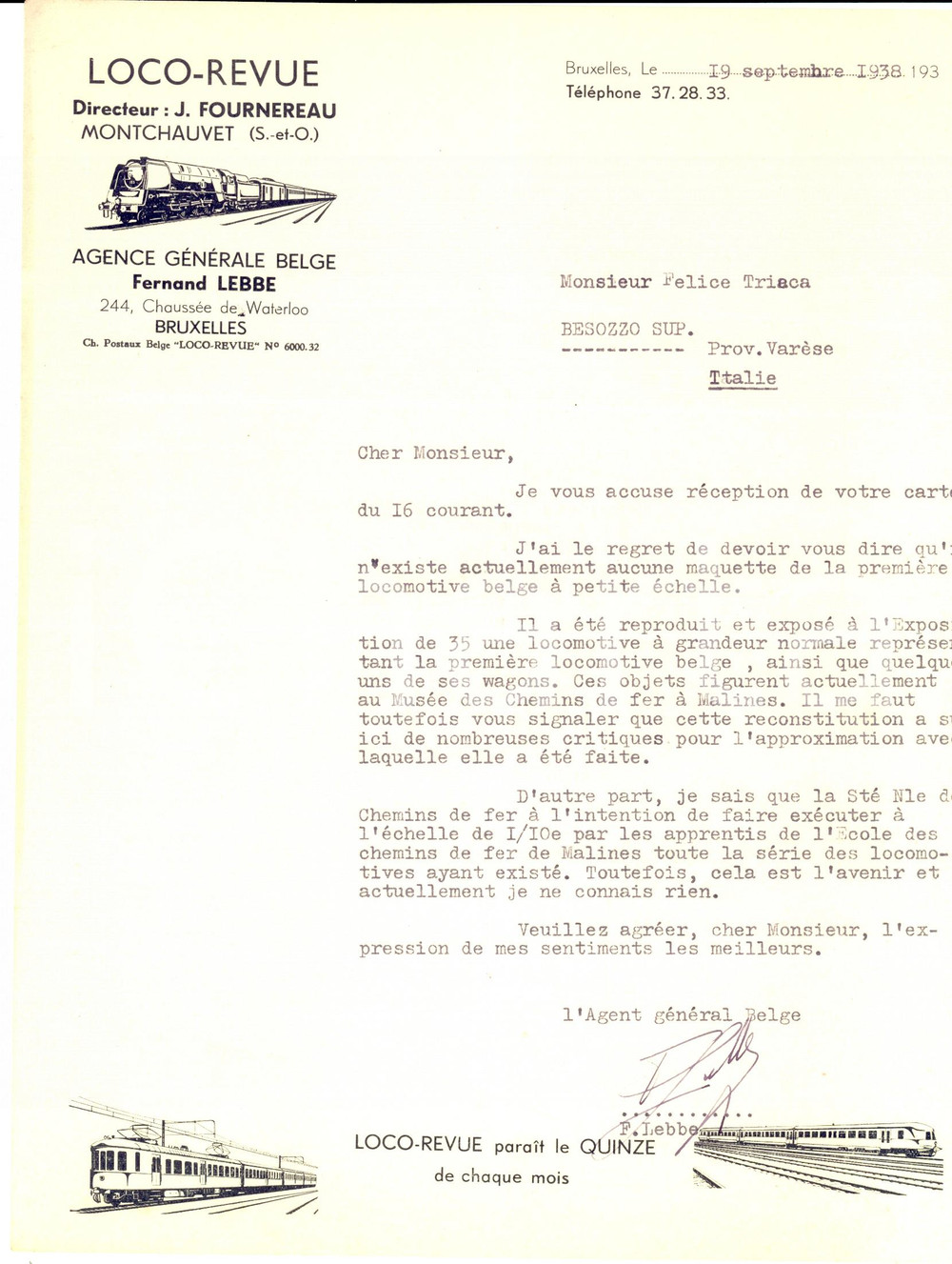 Autografo originale 1938 BRUXELLES B Modellismo treni LOCOREVUE Autografo Fernand LEBBE 1