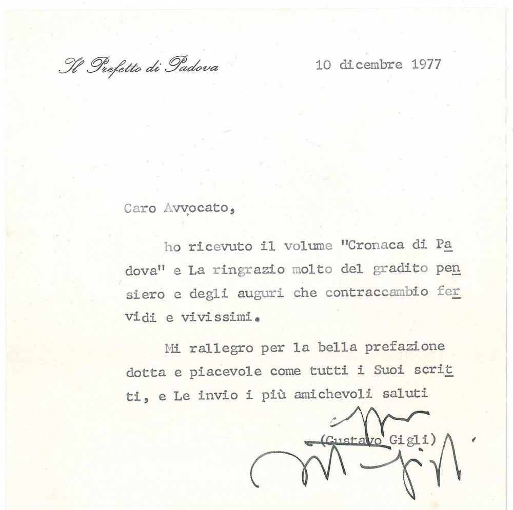 Autografo originale 1977 PADOVA Prefetto Gustavo GIGLI  Lettera per omaggio libro  AUTOGRAFO 1