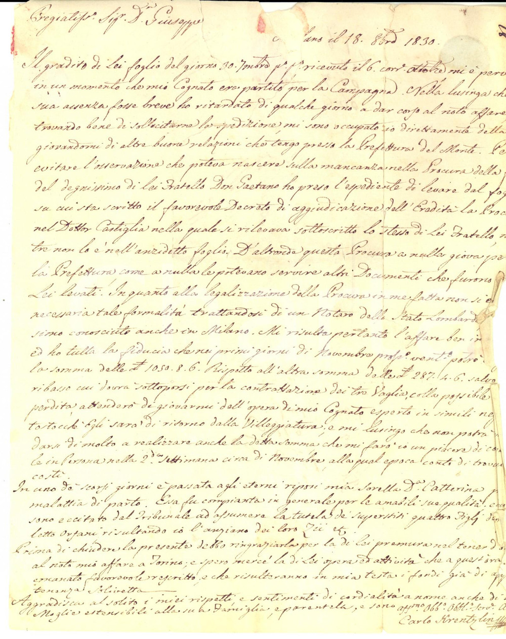 Manoscritto, lettera originale 1831 MILANO Carlo KRENTZLIN SOLIVETTA su Antonio CALVI facoltoso e riputato 1