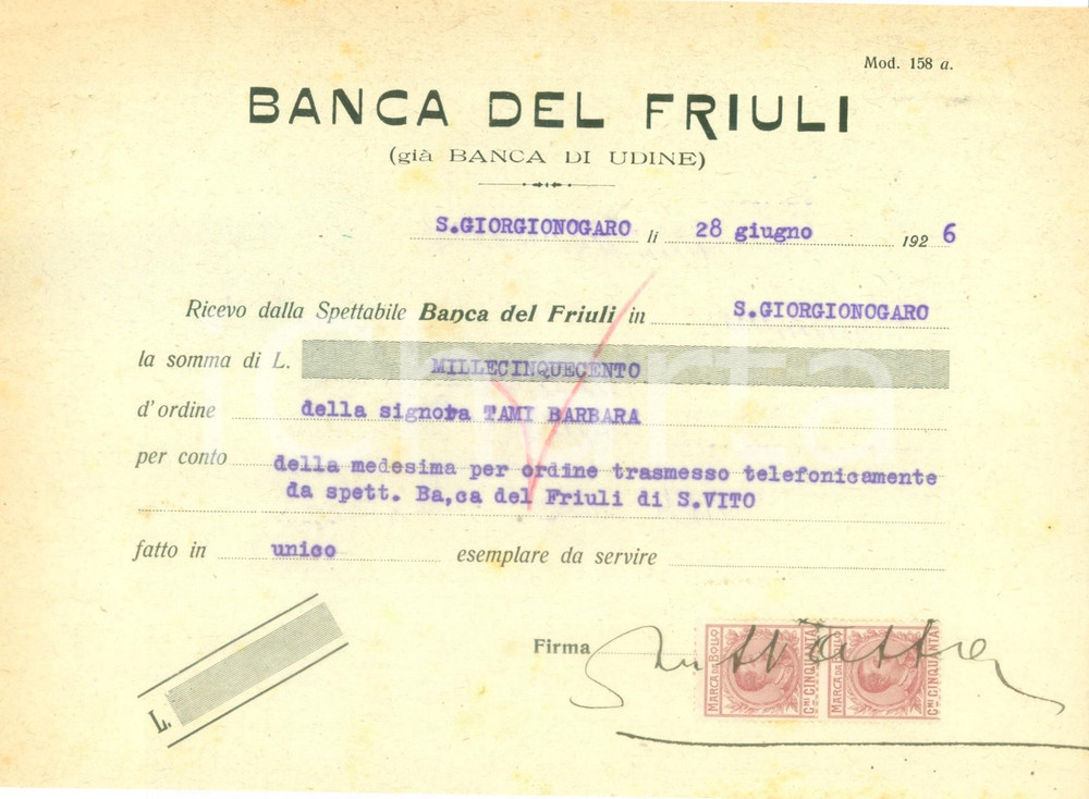 Documento originale, autentico 1926 SAN GIORGIO NOGARO UD Banca del FRIULI lettera di prelevamento Documento 1