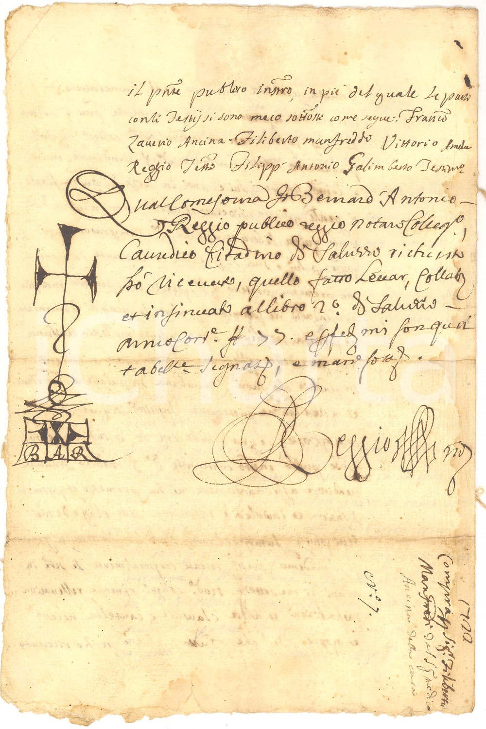 Documento originale, autentico 1722 LAGNASCO (CN) Francesco Saverio ANCINA vende casa a Filiberto MANFREDI 1