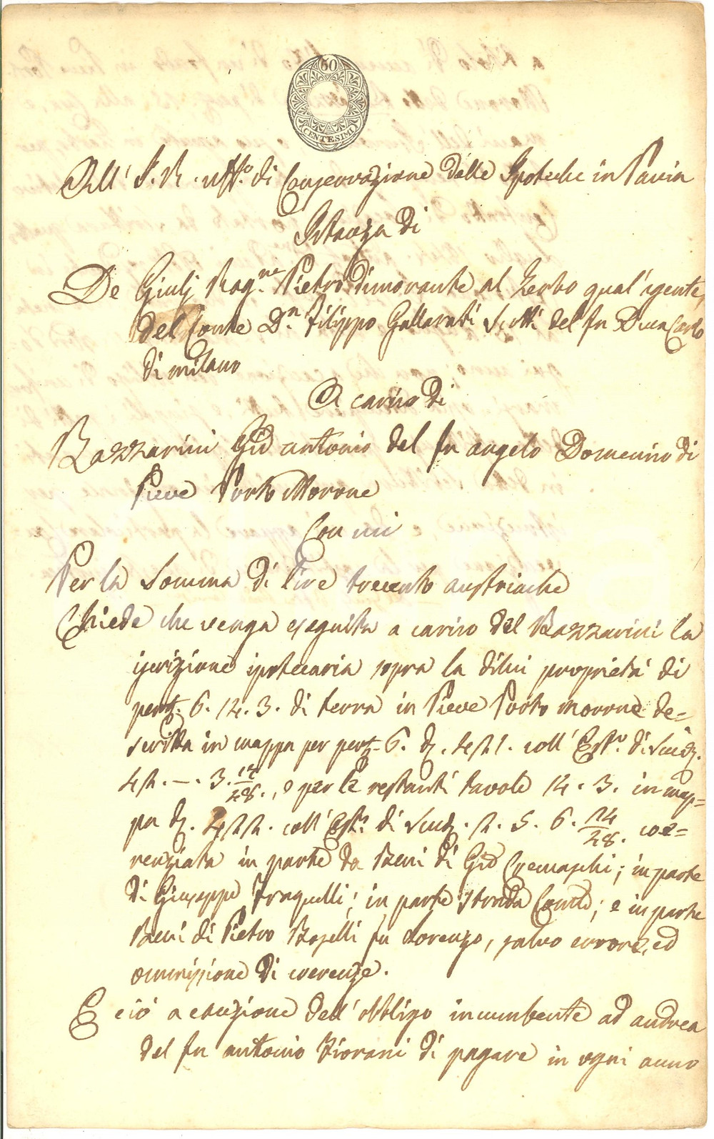 Documento originale, autentico 1844 PIEVE PORTO MORONE (PV) Debiti Antonio BAZZARINI 1
