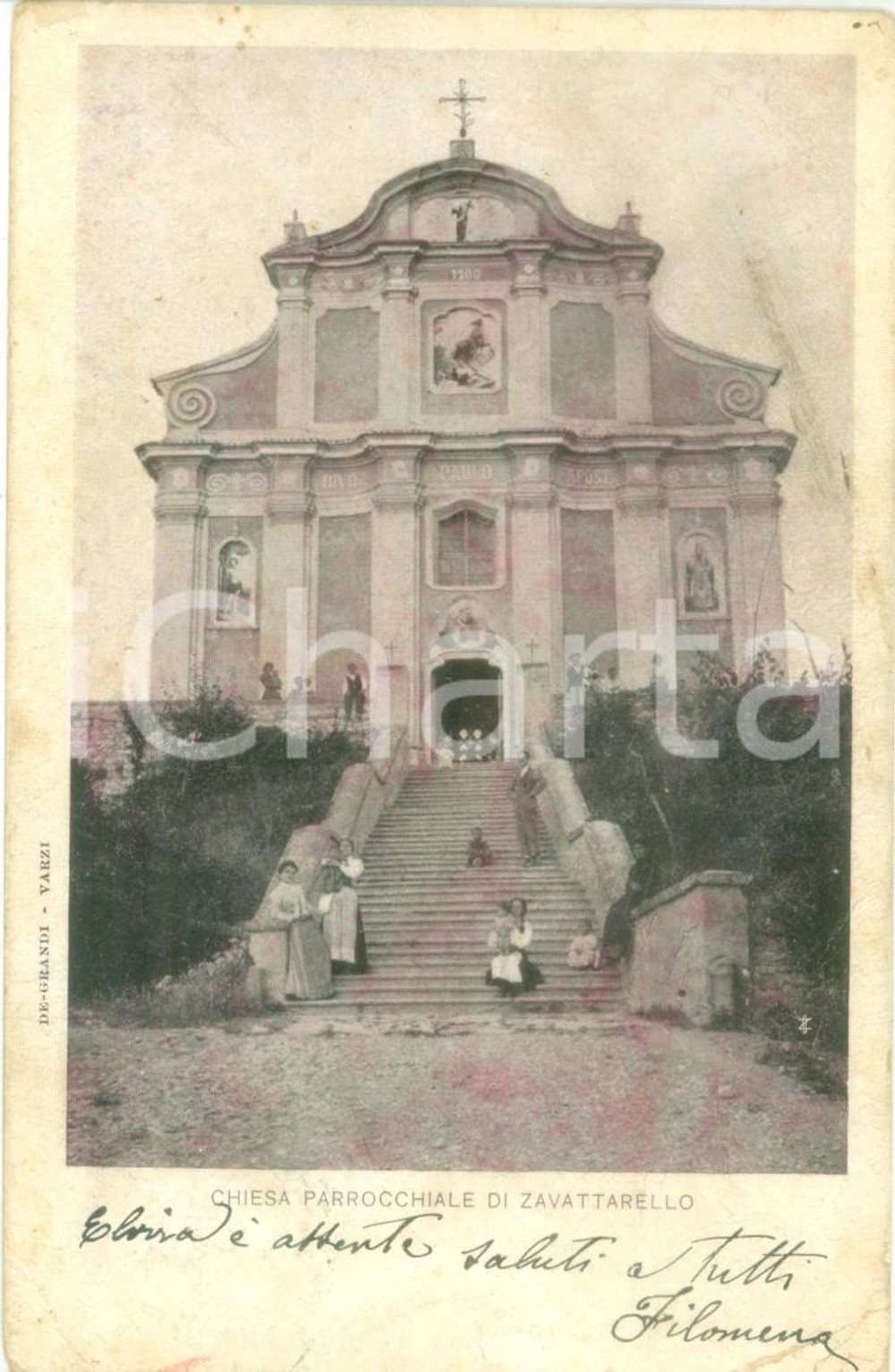 Cartolina originale da collezione 1903 ZAVATTARELLO (PV) Abitanti del paese alla Chiesa parrocchiale *Cartolina FP 1
