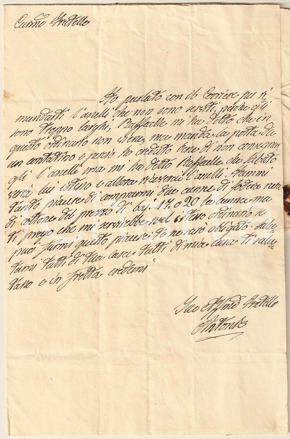 Manoscritto, lettera originale 1860 s.l. Nobile Antonio LEONETTI LUPARINI su anelli troppo larghi Autografo 1