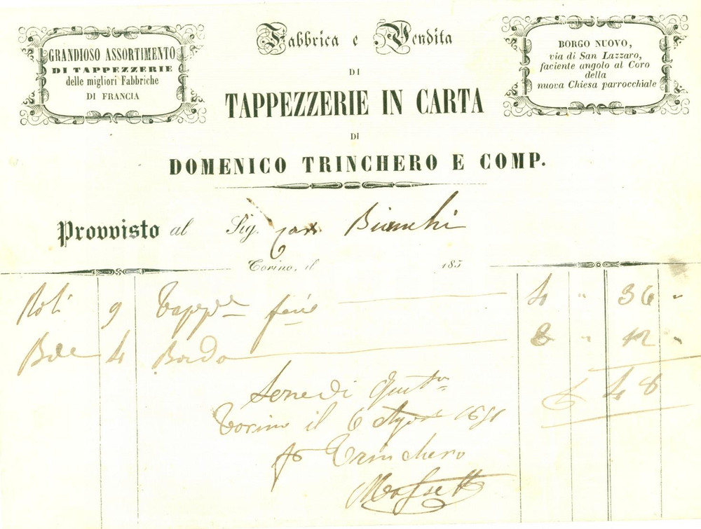 Documento originale, autentico 1851 TORINO BORGO NUOVO Domenico TRINCHERO Tappezzerie in carta Fattura 1