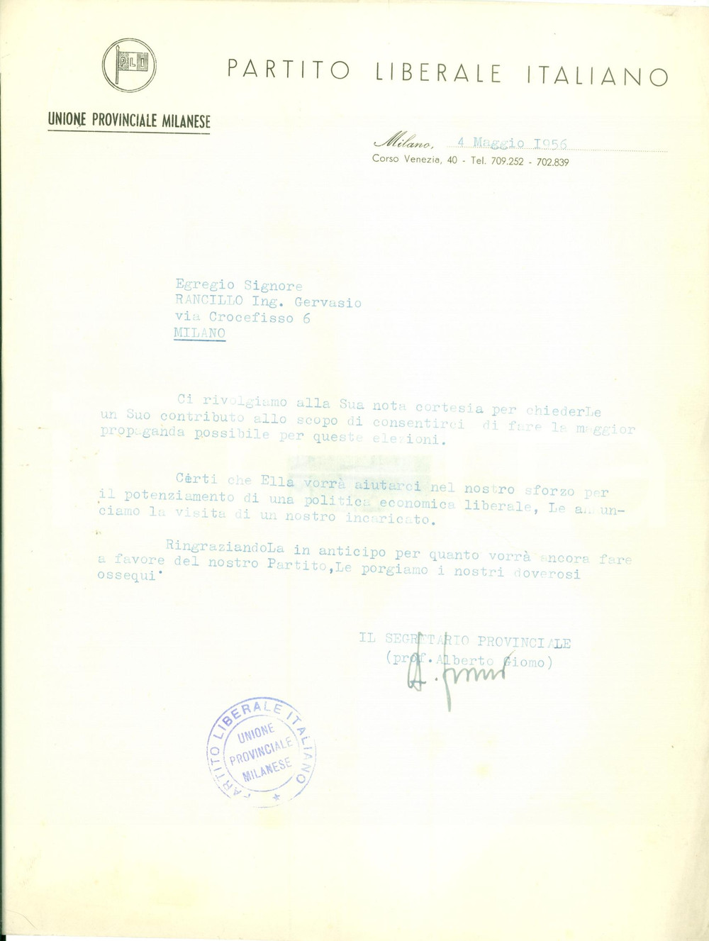 Materiale pubblicitario d’epoca 1956 MILANO PLI Partito Liberale Italiano vuole potenziare economia italiana 1
