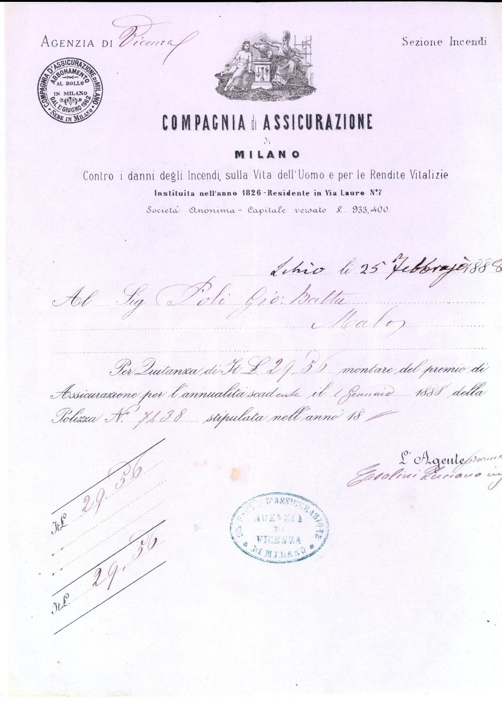 Documento originale, autentico 1888 SCHIO (VI) Compagnia di assicurazione MILANO - Quietanza polizza POLI 1