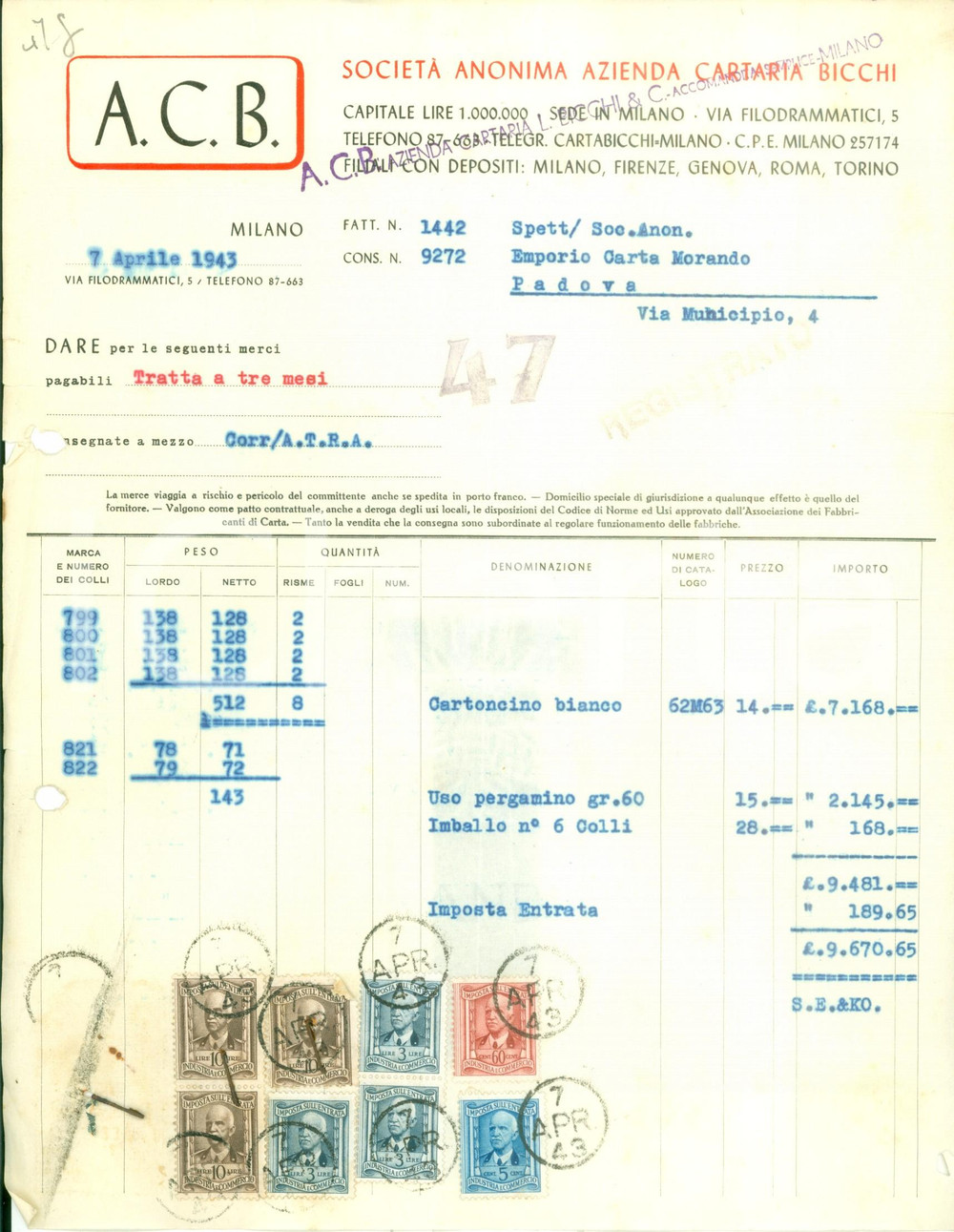 Documento originale, autentico 1943 MILANO Via Filodrammatici 5 Azienda Cartaria BICCHI Fattura commerciale 1