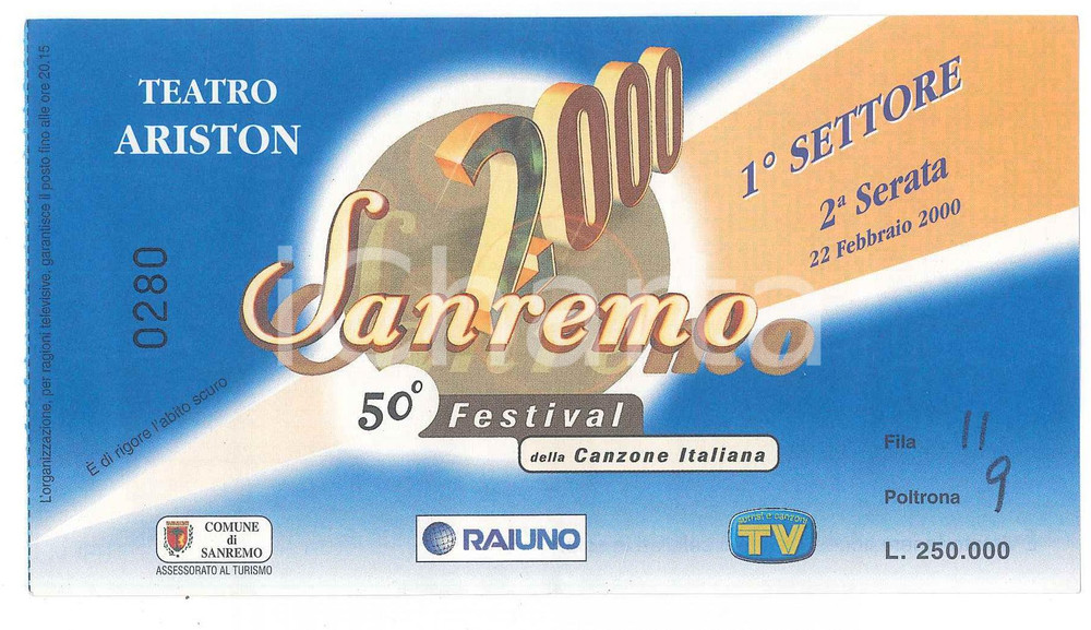 Oggetto da collezione cartaceo 2000 FESTIVAL DI SANREMO 2 serata  Biglietto 1Â° settore  Fila 11 Poltrona 9 1